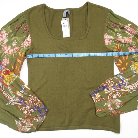 Anthropologie Bl-nk Printed-Sleeve Sweater Top Green Motif - Medium - Picture 7 of 10